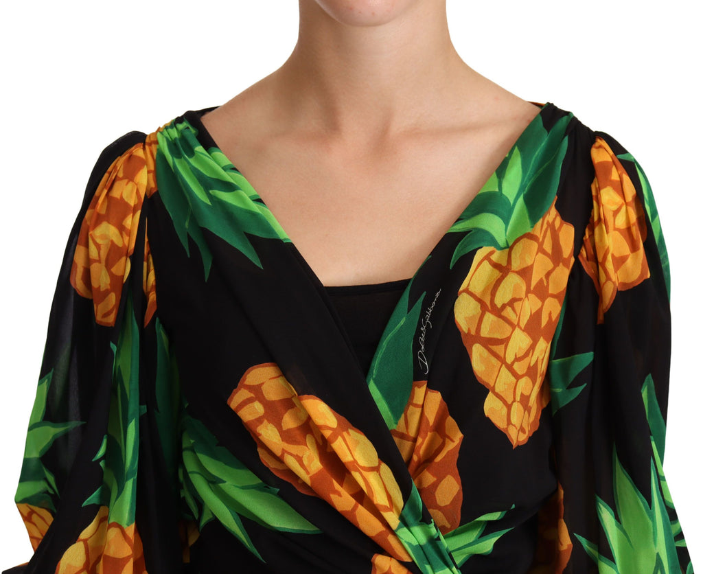 Dolce & Gabbana Black Pineapple Print Stretch Silk Wrap Dress