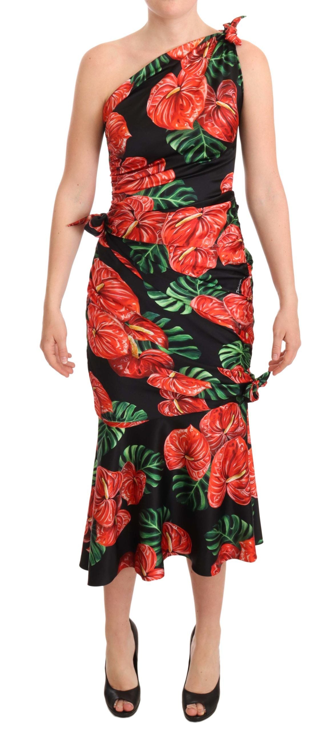 Dolce & Gabbana Black Glossy Floral Draped Silk Dress