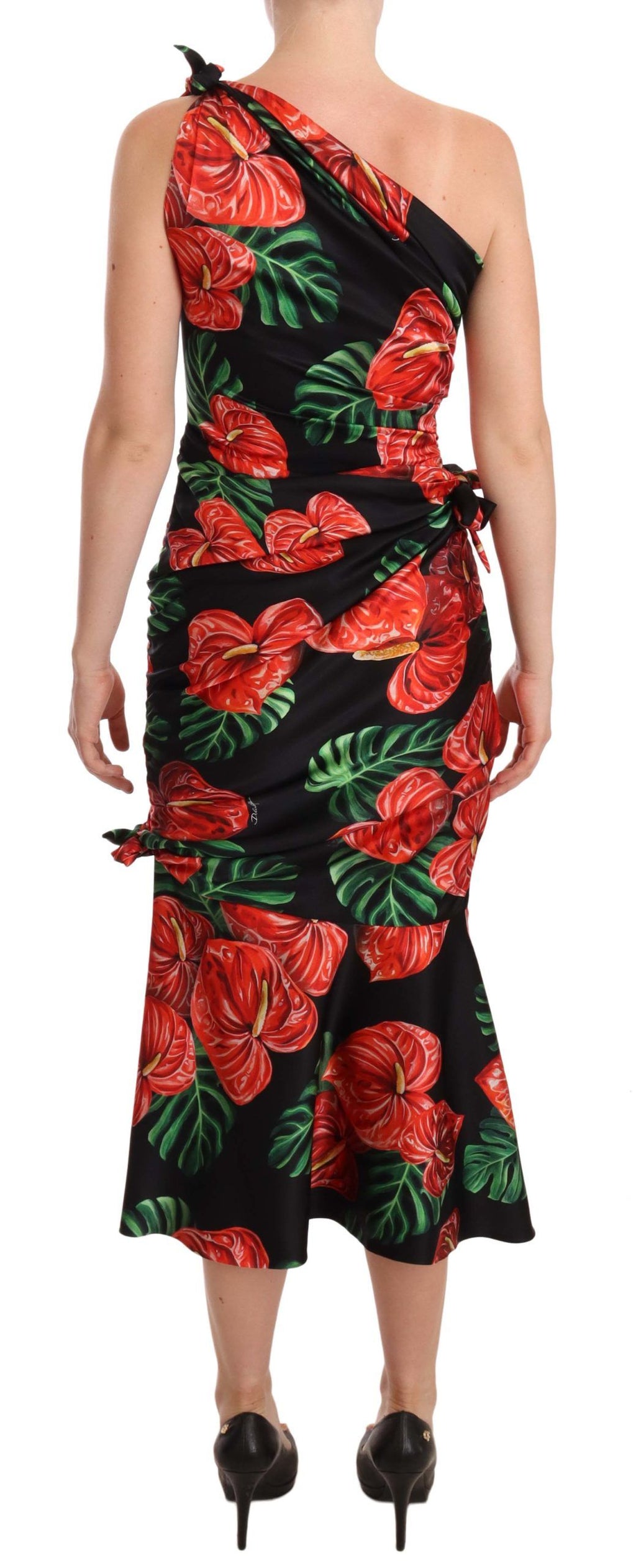 Dolce & Gabbana Black Glossy Floral Draped Silk Dress