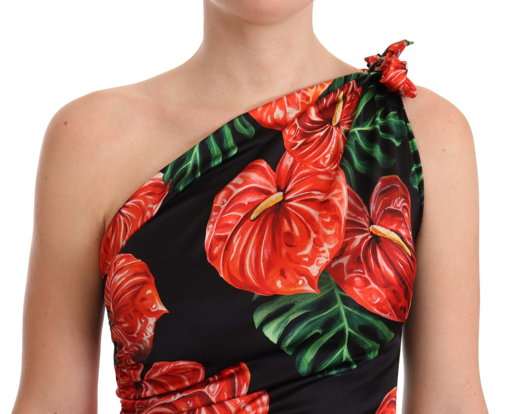 Dolce & Gabbana Black Glossy Floral Draped Silk Dress