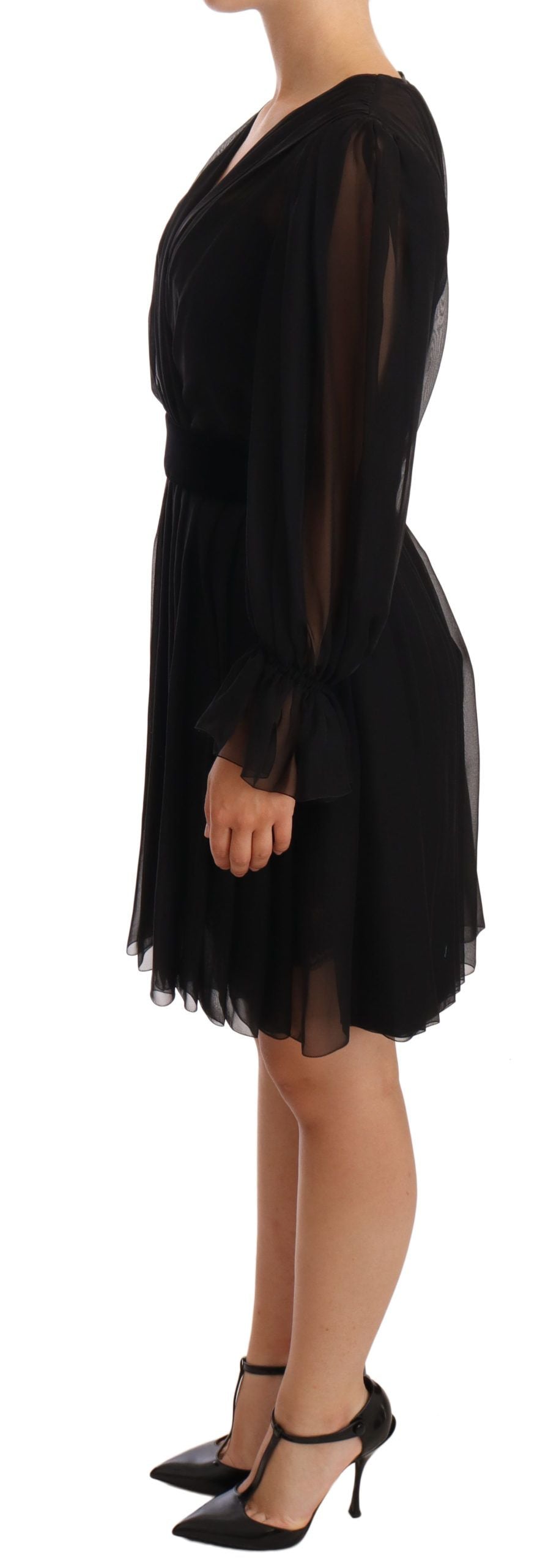 Dolce & Gabbana Schwarzes plissiertes Mini-Seiden-Stretchkleid aus Mesh