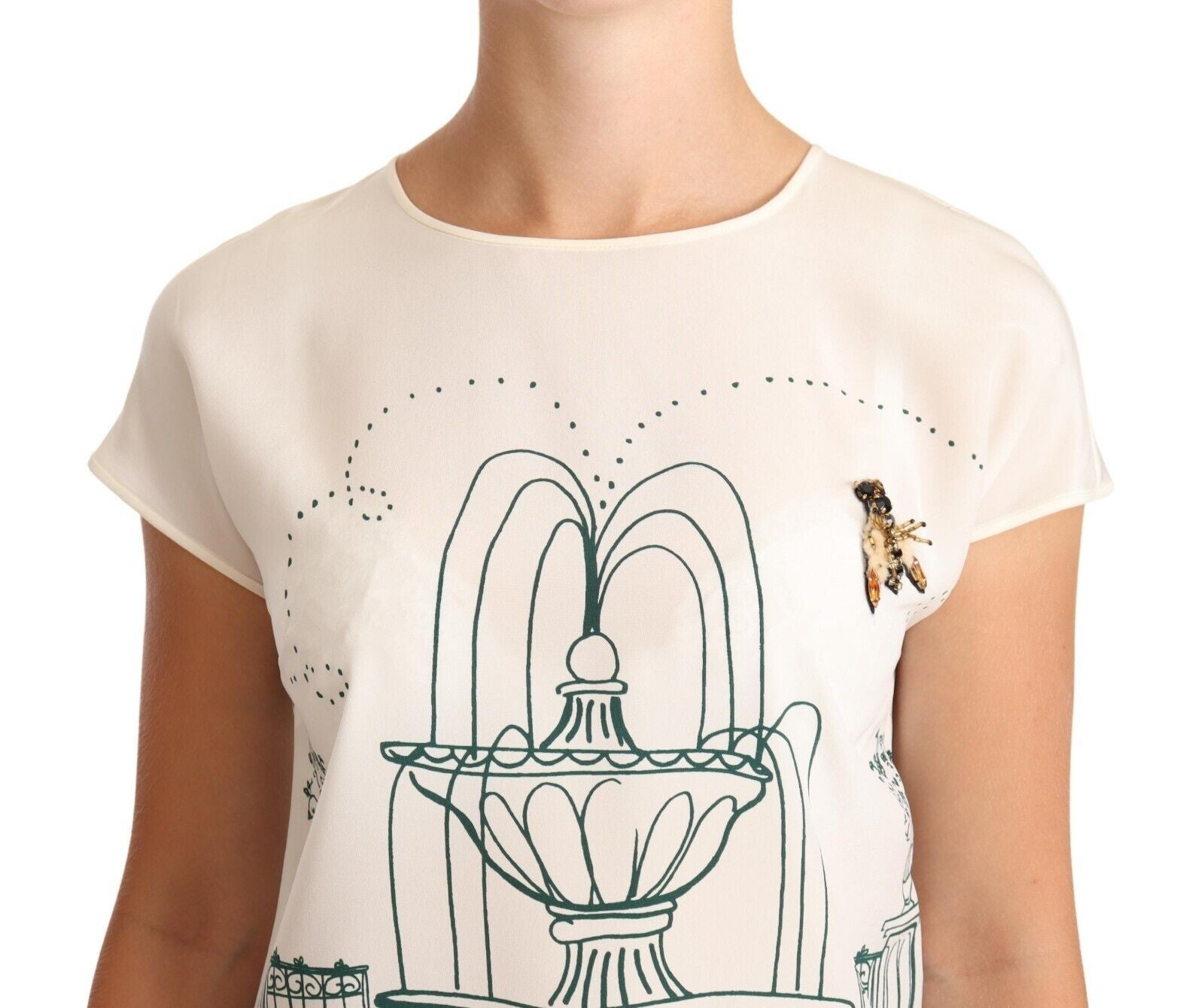 Dolce & Gabbana White Silk Fountain Print T-Shirt Blouse