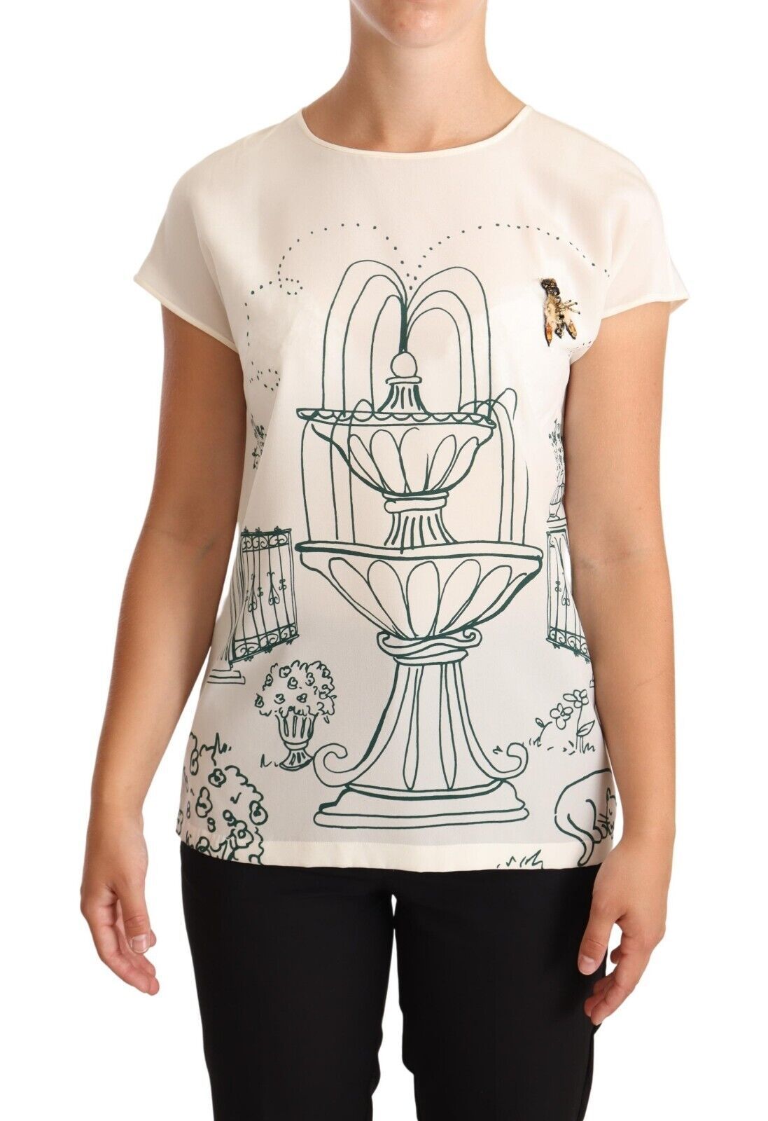 Dolce & Gabbana White Silk Fountain Print T-Shirt Blouse