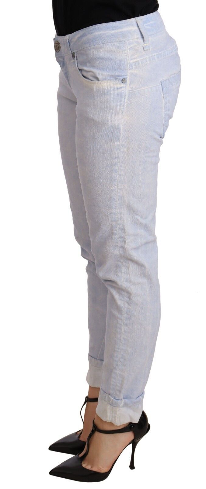 Eight Light Blue Cotton Folded Hem Denim Skinny Women's Jeans