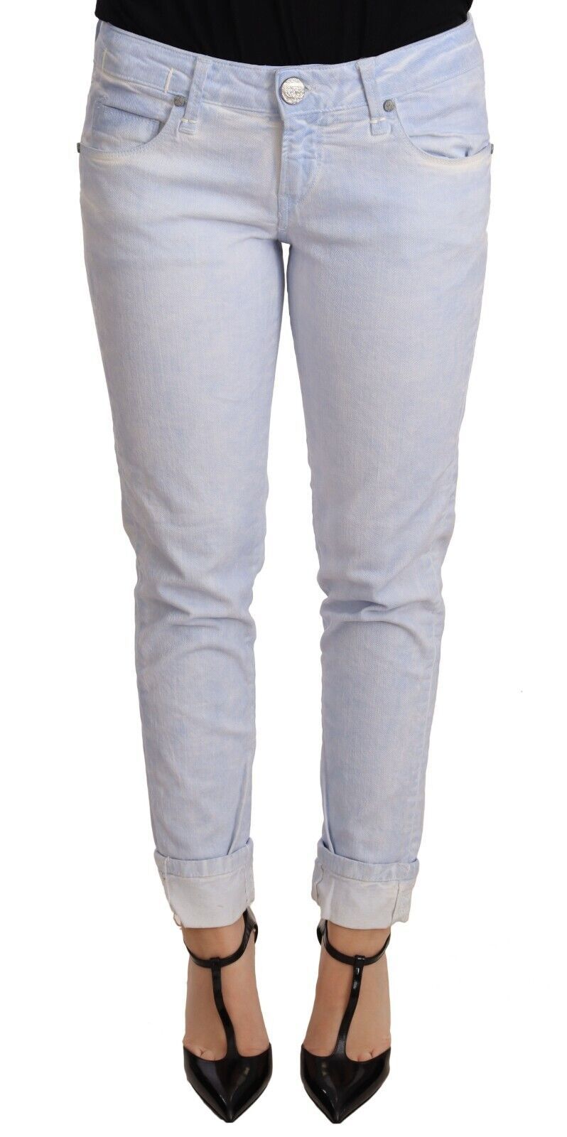 Eight Light Blue Cotton Folded Hem Denim Skinny Women's Jeans