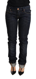 Acht Dunkelblau Baumwolle Slim Fit Folded Saum Frauen Denim Hosen Jeans