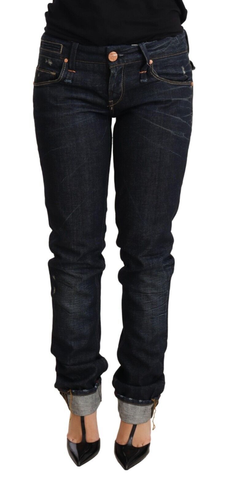 Acht Dunkelblau Baumwolle Slim Fit Folded Saum Frauen Denim Hosen Jeans