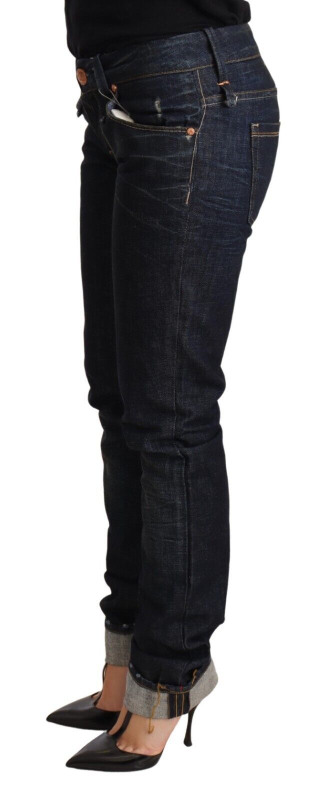 Acht Dunkelblau Baumwolle Slim Fit Folded Saum Frauen Denim Hosen Jeans