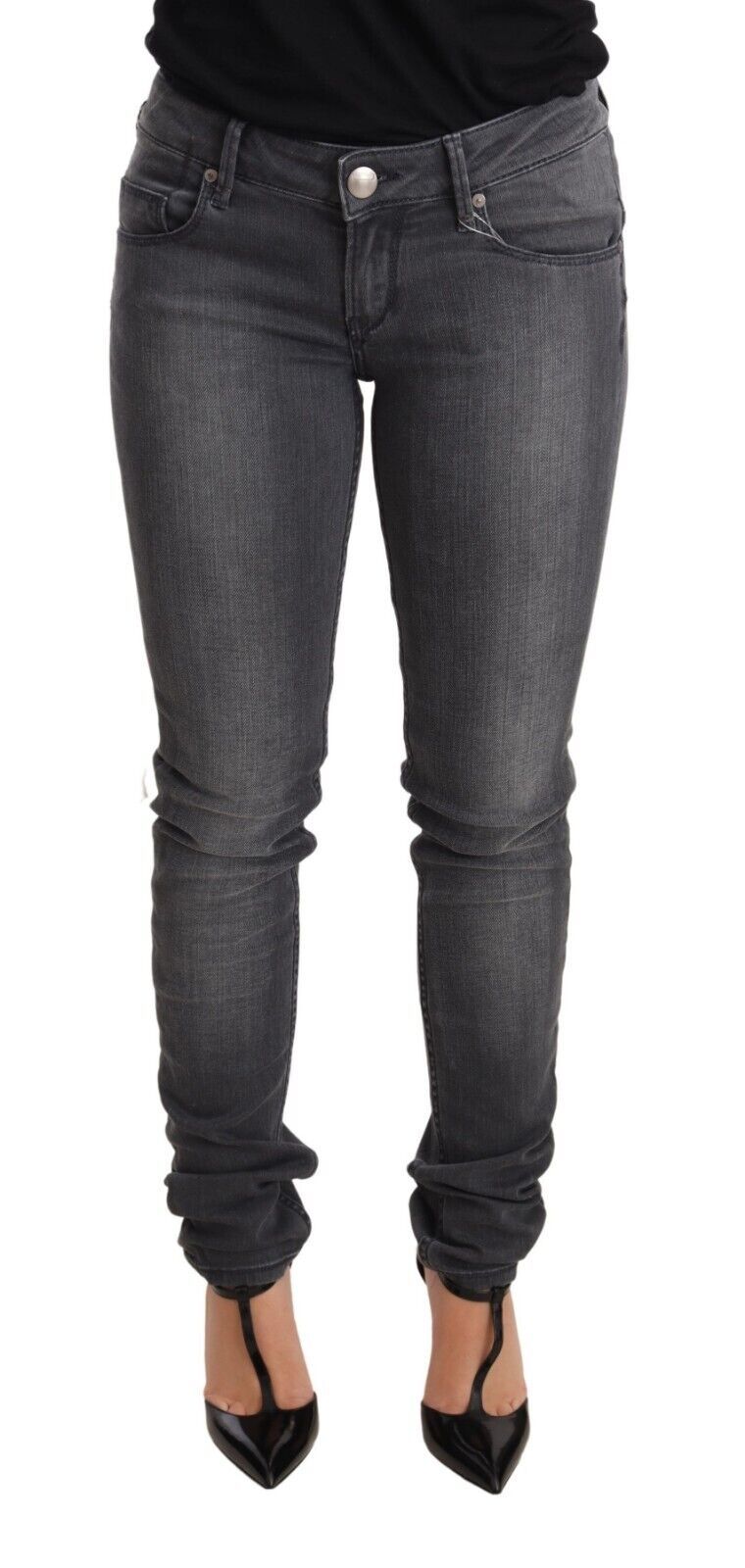 Acht Graue gewaschene Baumwolle Slim Fit Low Waist Damen Denim Hosen Jeans