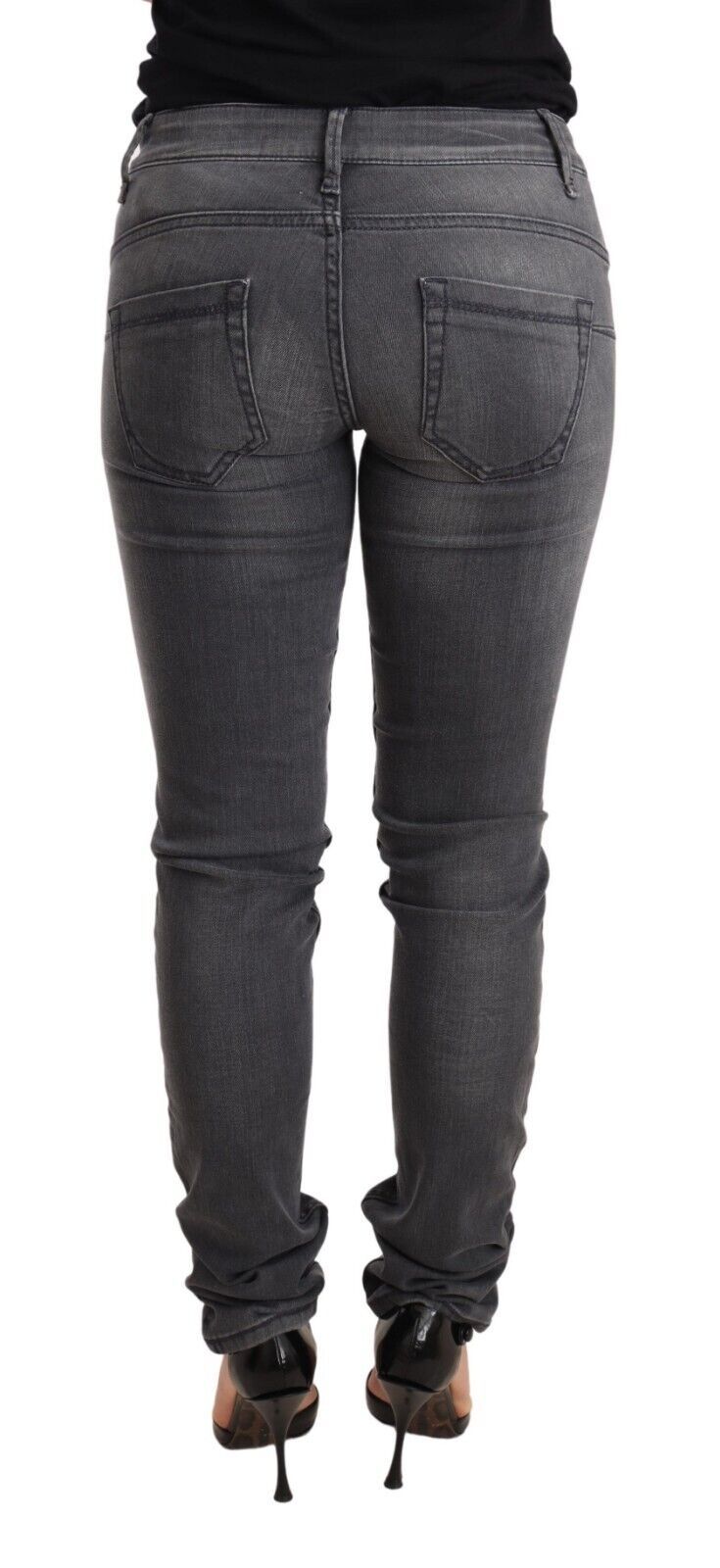 Acht Graue gewaschene Baumwolle Slim Fit Low Waist Damen Denim Hosen Jeans