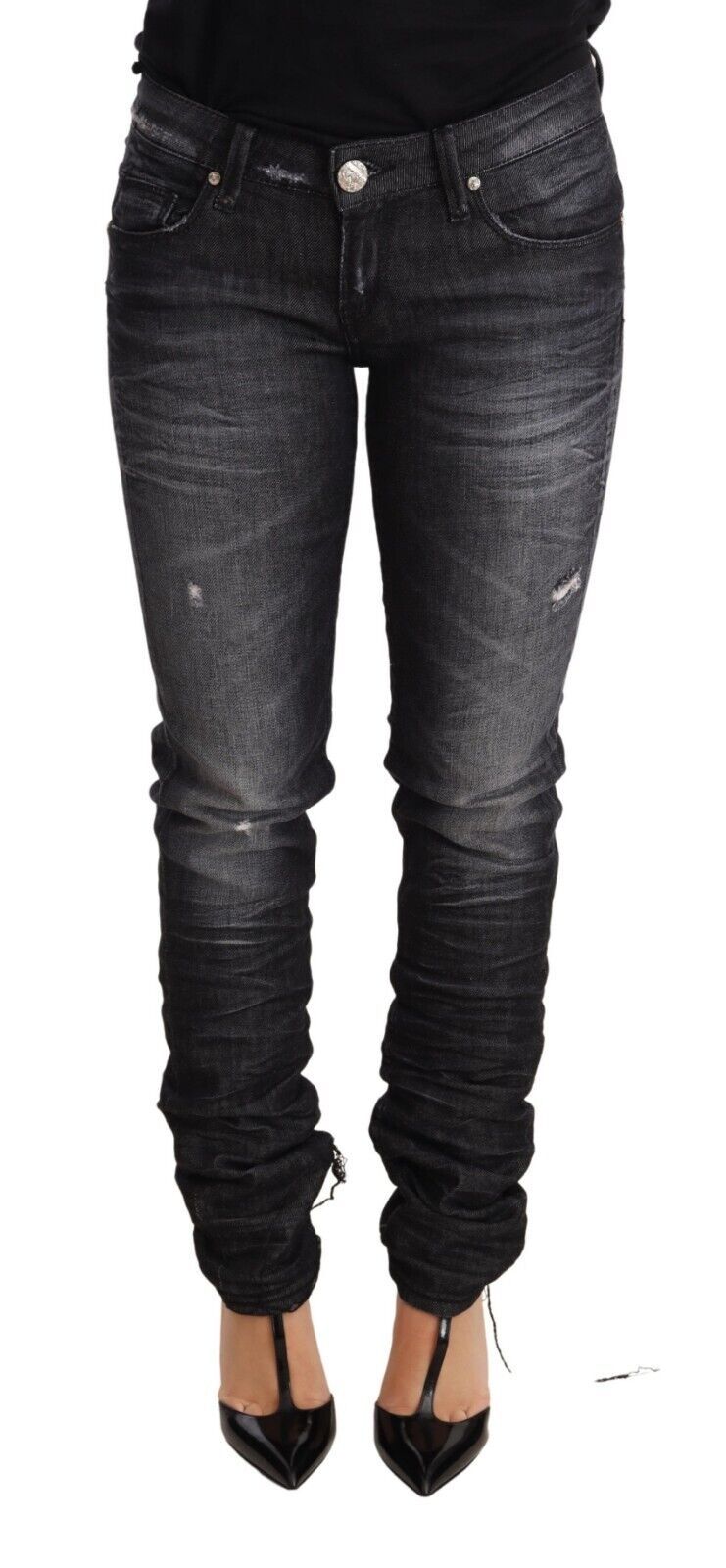 Eight pairs of black low-rise washed cotton skinny denim jeans