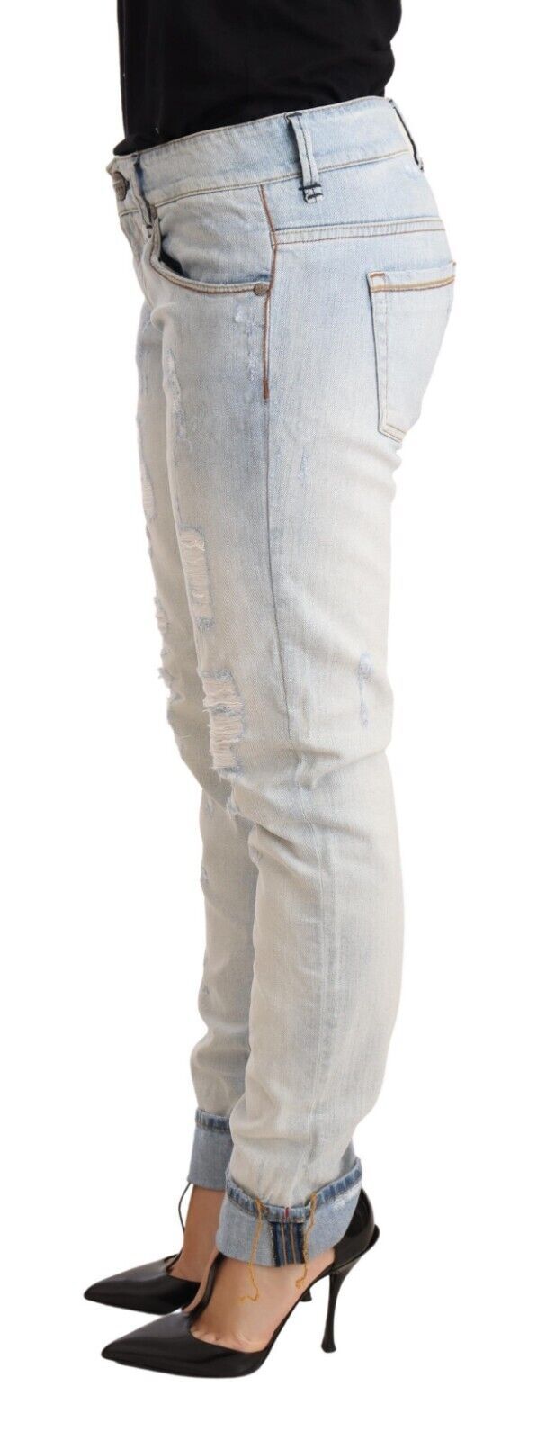 Eight Light Blue Cotton Denim Folded Hem Jeans