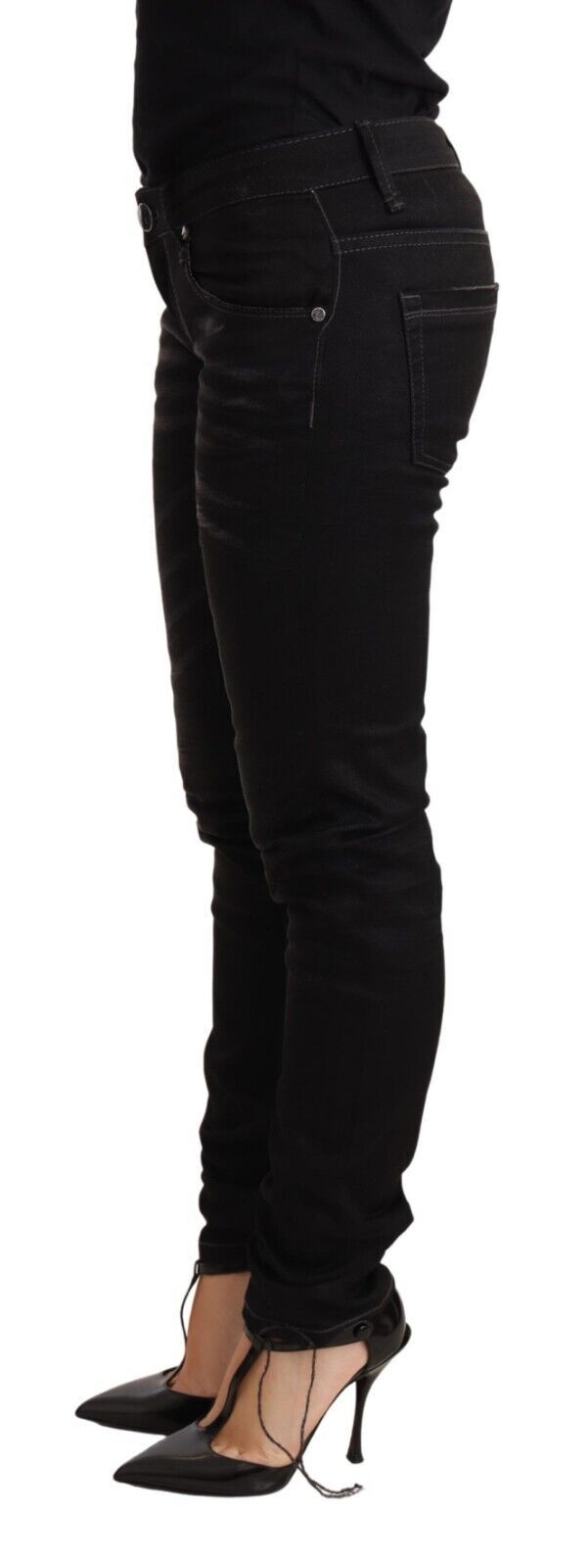 Acht Schwarze Slim Fit Denim-Hosenjeans aus gewaschener Baumwolle mit niedriger Taille