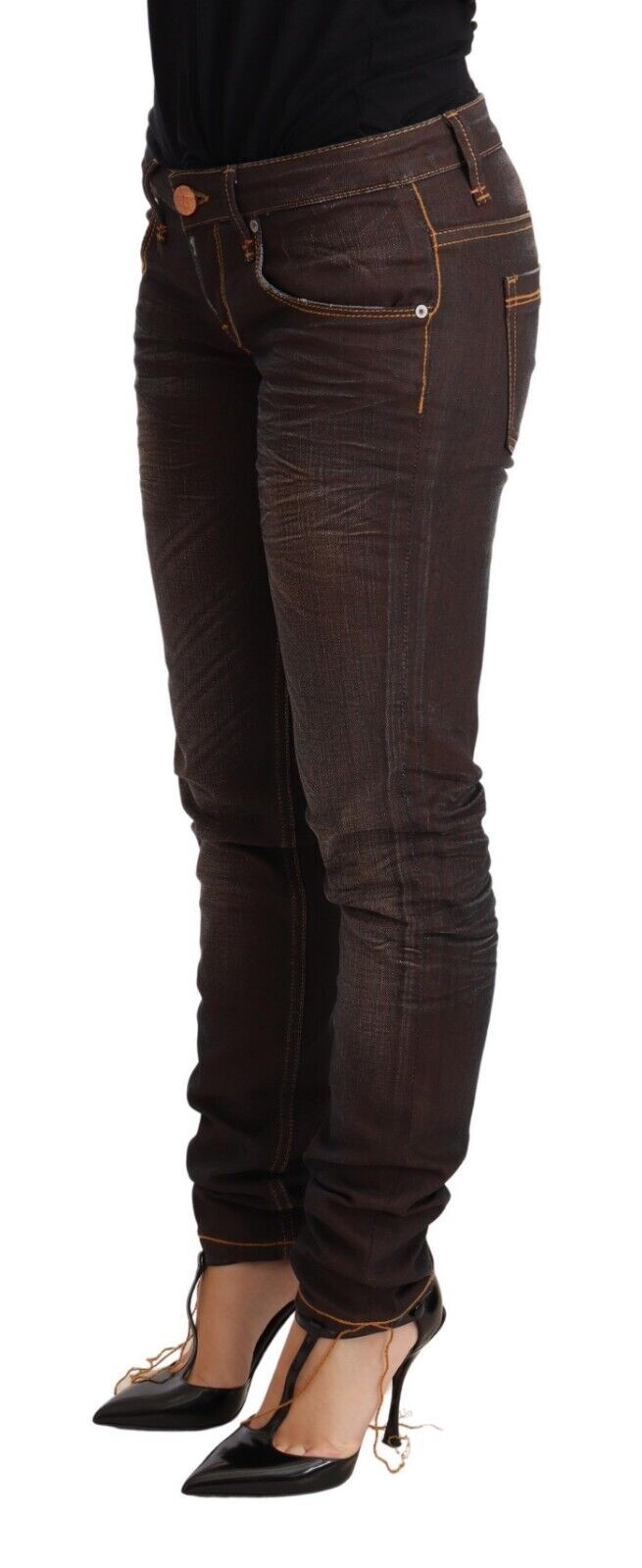 Eight brown washed cotton slim fit low waist trouser jeans