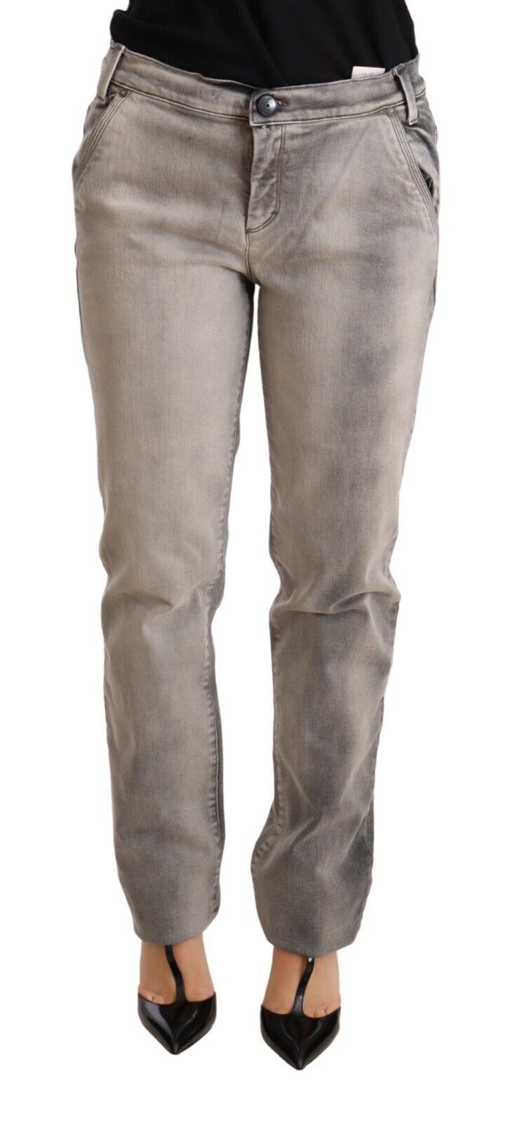 Ermanno Scervino Graue, gewaschene Skinny-Hose aus Baumwolle mit niedrigem Bund