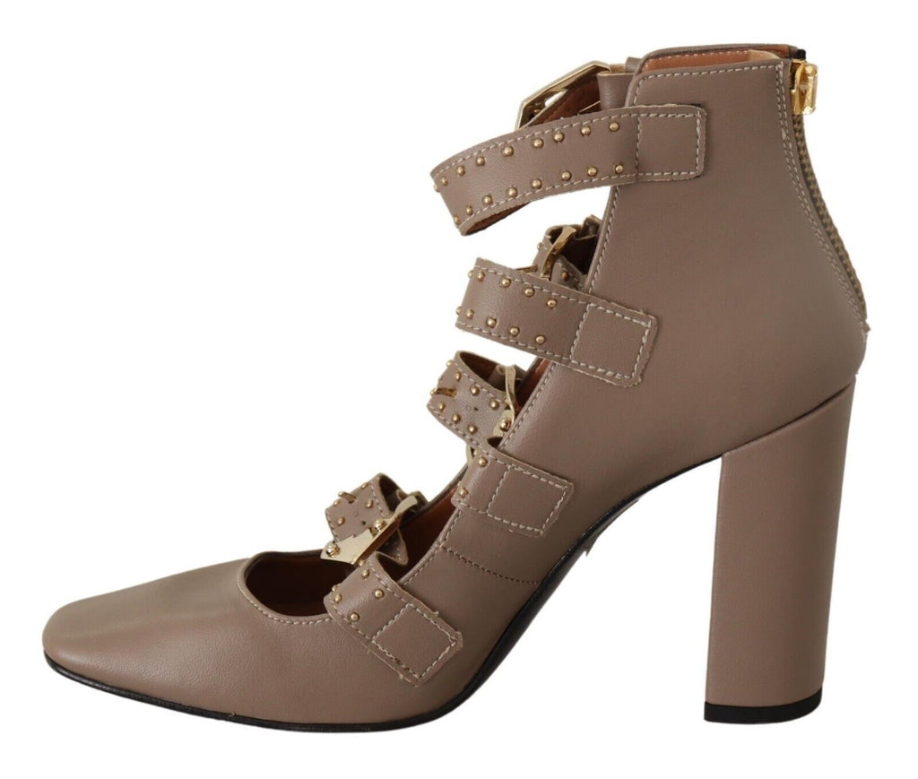 MY TWIN Brown Leather Block Heel Multi-Buckle Pumps Shoes