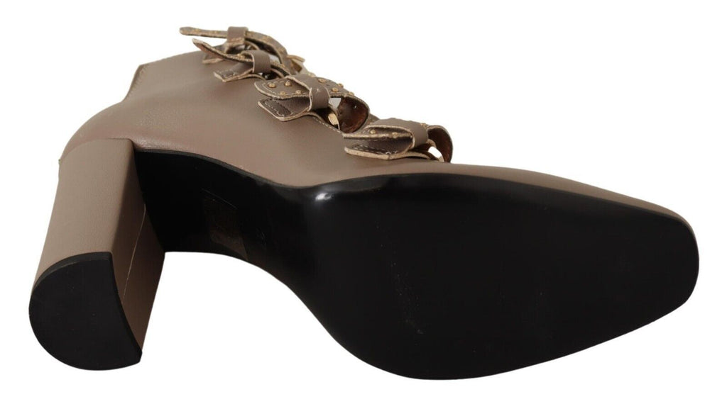 MY TWIN Brown Leather Block Heel Multi-Buckle Pumps Shoes