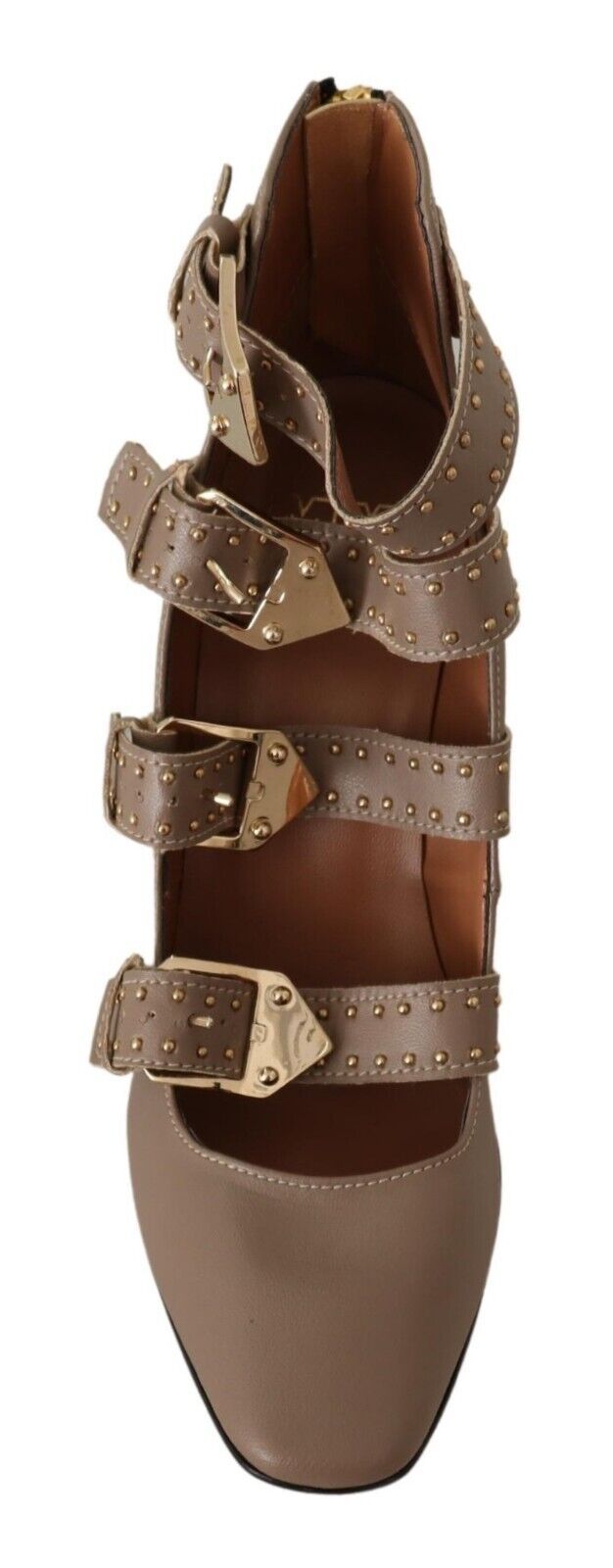 MY TWIN Brown Leather Block Heel Multi-Buckle Pumps Shoes
