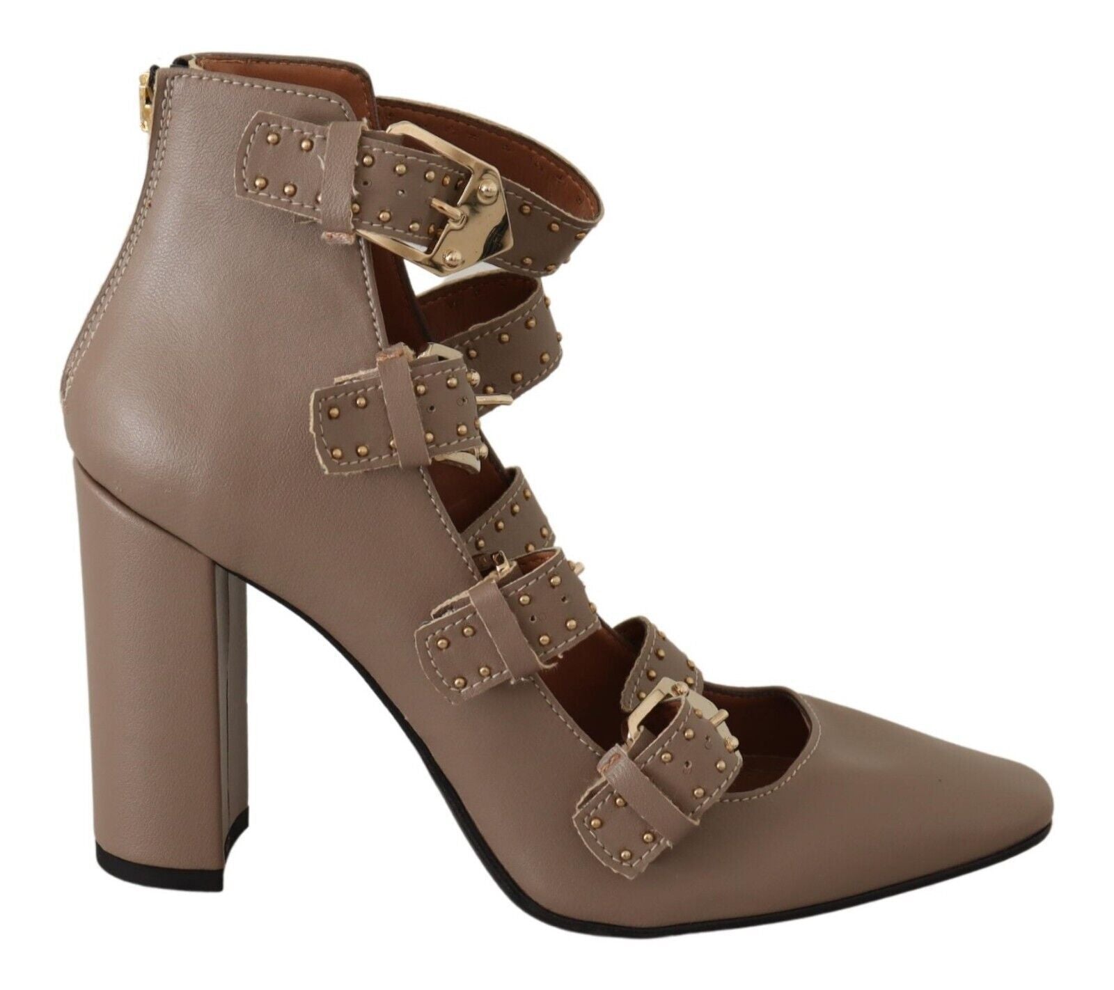 MY TWIN Brown Leather Block Heel Multi-Buckle Pumps Shoes