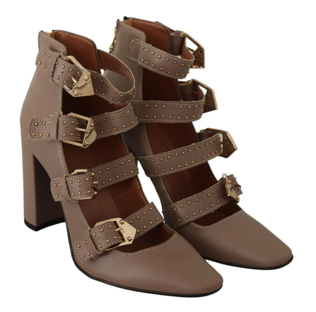 MY TWIN Brown Leather Block Heel Multi-Buckle Pumps Shoes