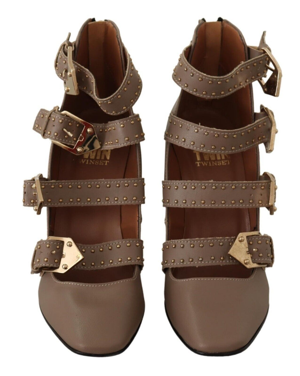 MY TWIN Brown Leather Block Heel Multi-Buckle Pumps Shoes