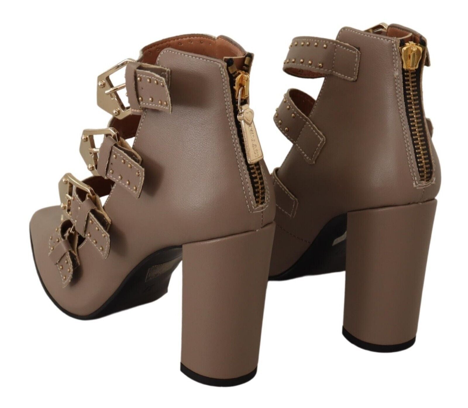 MY TWIN Brown Leather Block Heel Multi-Buckle Pumps Shoes