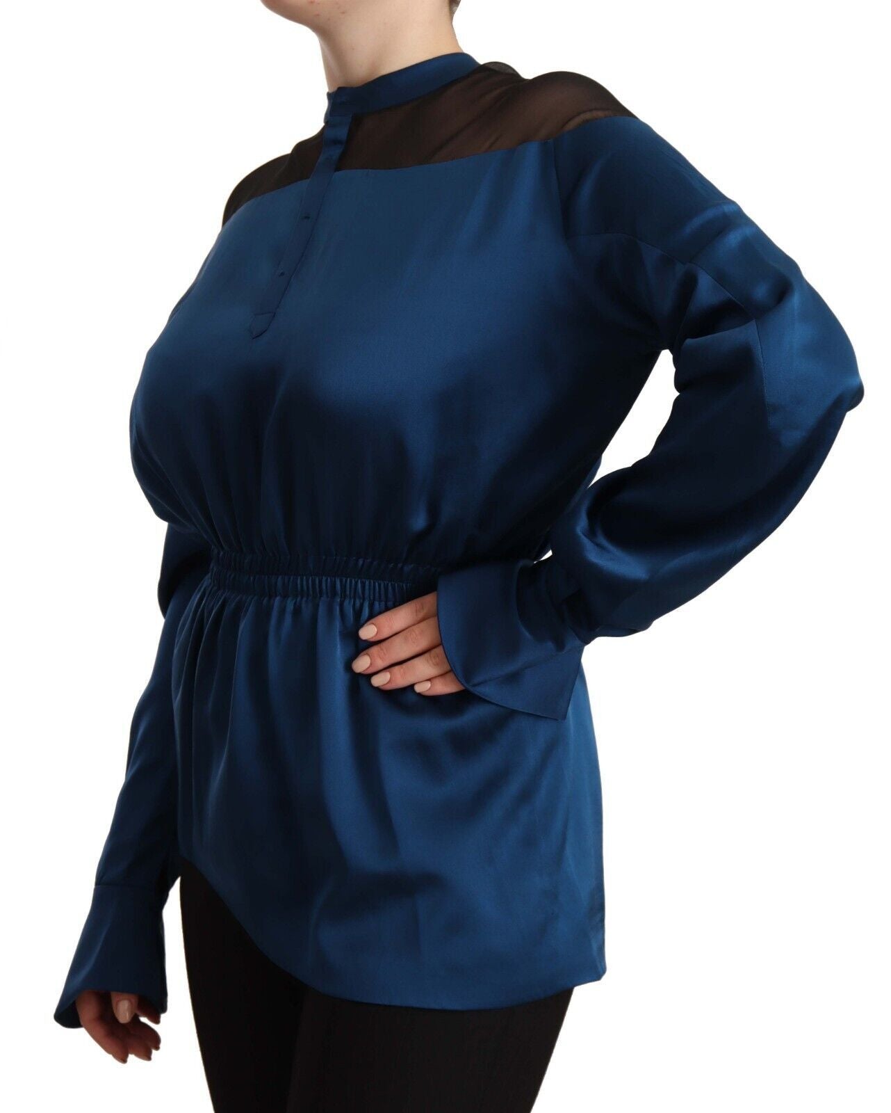 Masha Ma Blue Silk Top with Long Sleeves and Elasticated Waist Blouse