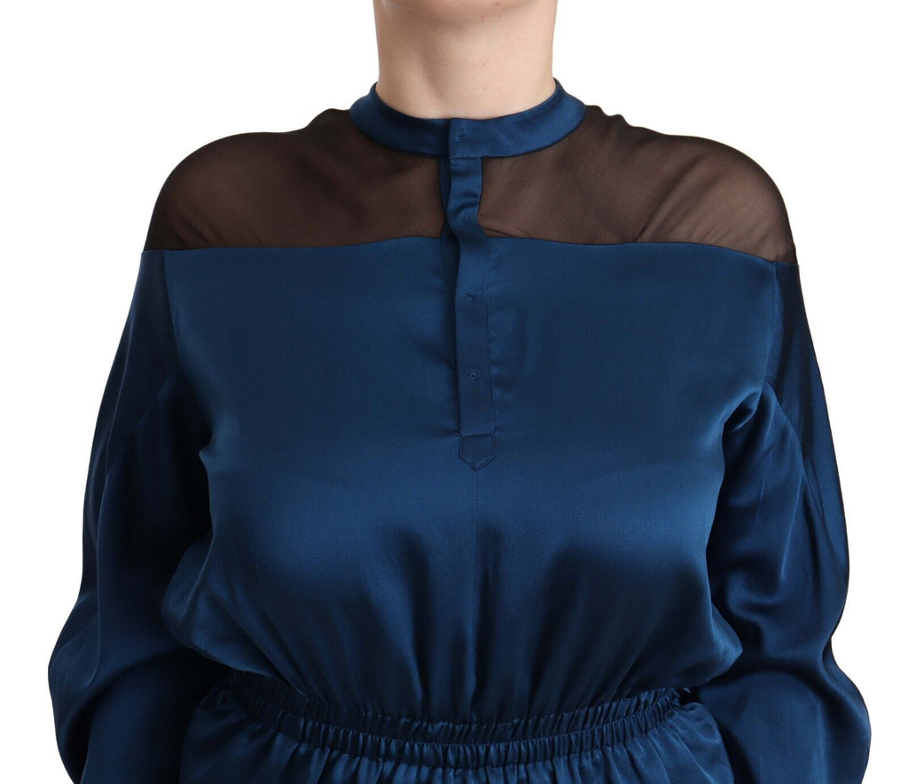 Masha Ma Blue Silk Top with Long Sleeves and Elasticated Waist Blouse
