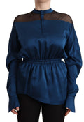 Masha Ma Blue Silk Top with Long Sleeves and Elasticated Waist Blouse