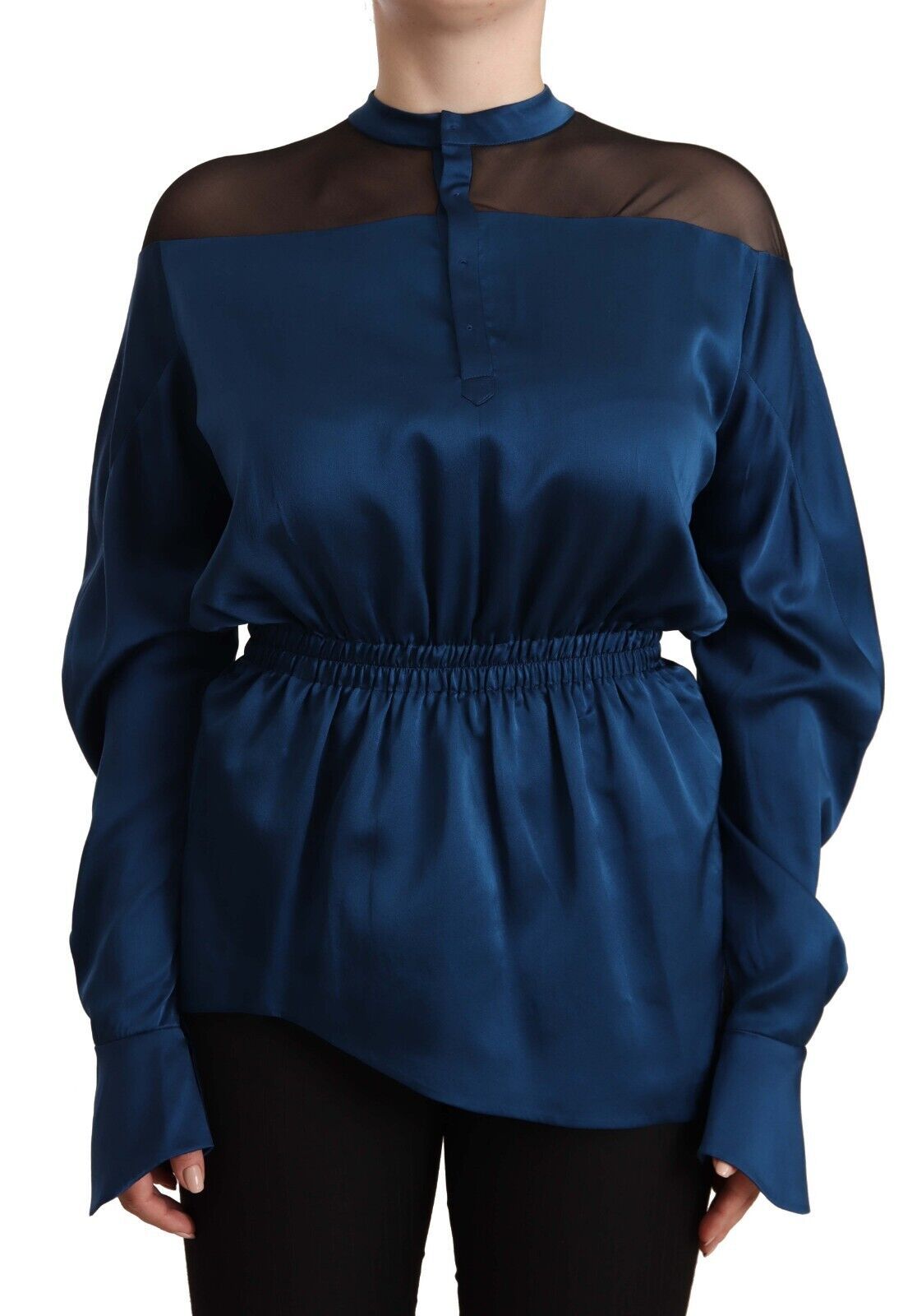 Masha Ma Blue Silk Top with Long Sleeves and Elasticated Waist Blouse