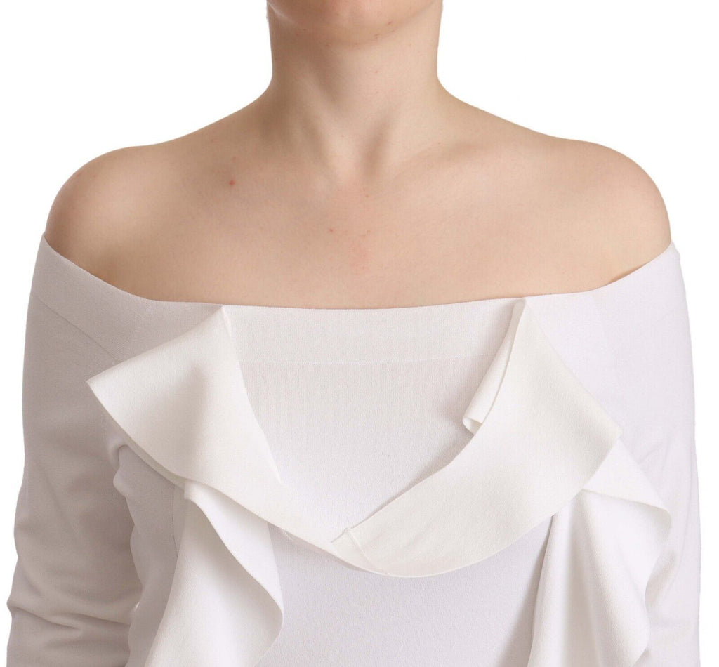 EXTERIOR Weiß Langärmeliges schulterfreies Damen Top Bluse