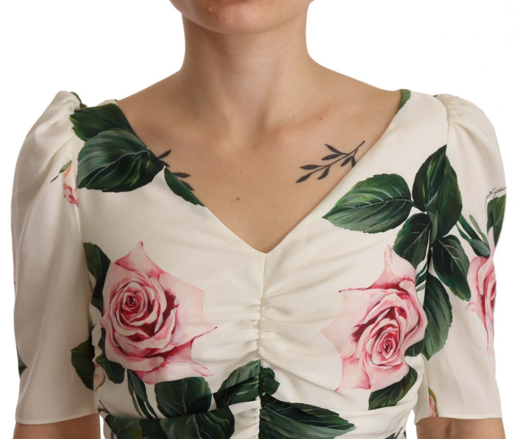 Dolce & Gabbana Weißes Rosendruck Stretch-Seidenkleid mit Plissee