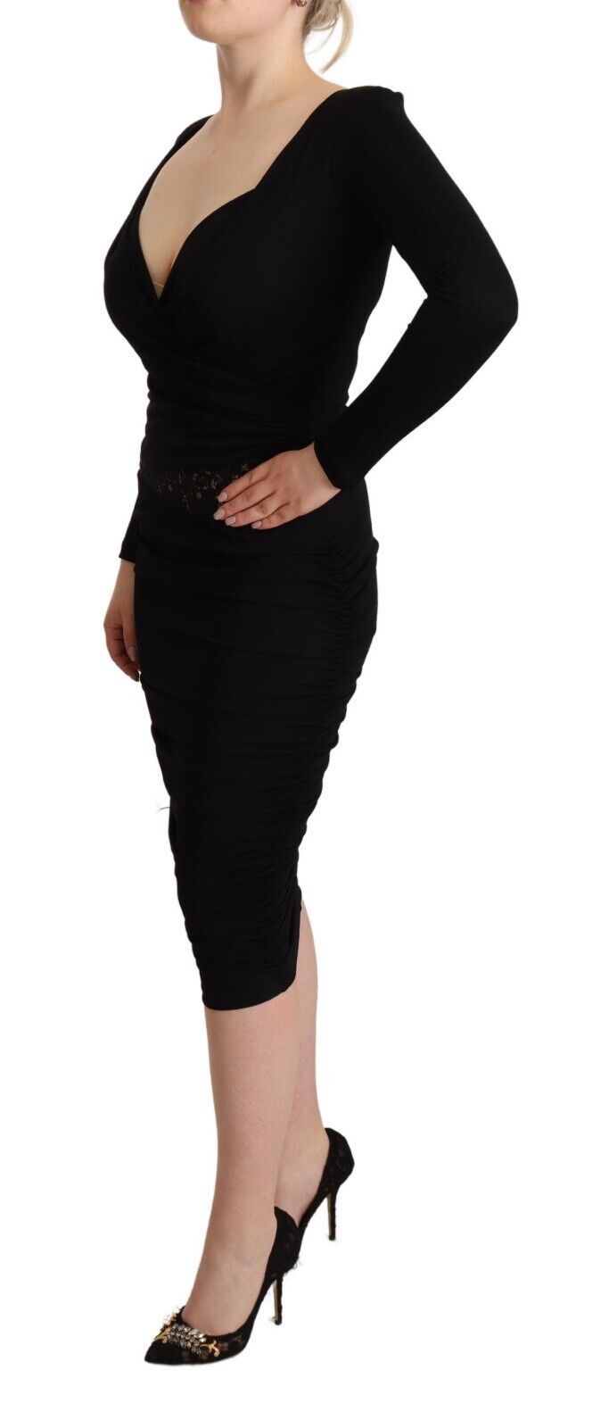 GF Ferre Black Long Sleeve Sweetheart Neck Midi Dress
