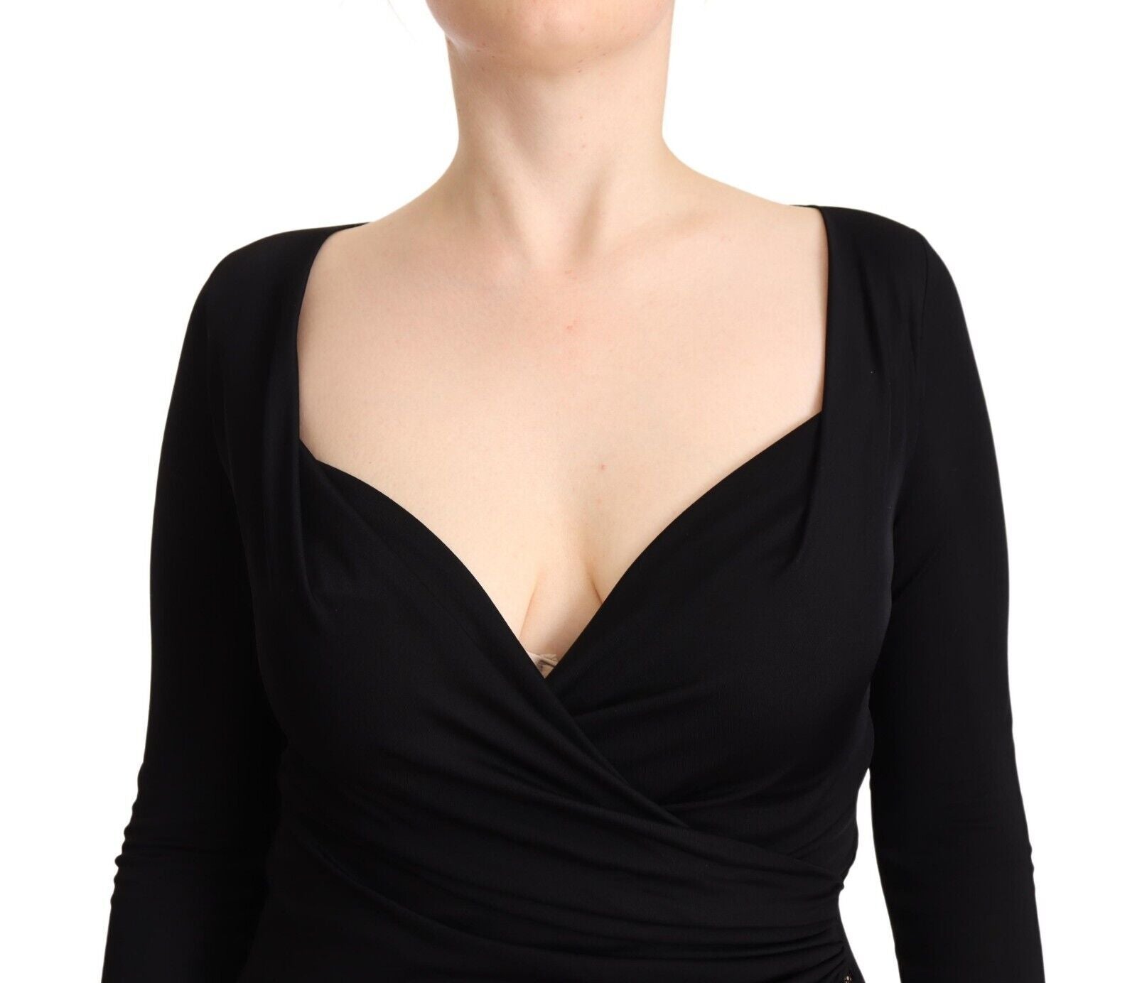 GF Ferre Black Long Sleeve Sweetheart Neck Midi Dress