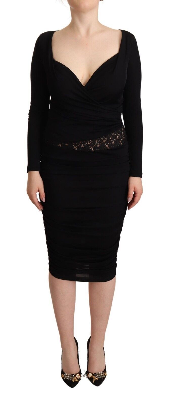 GF Ferre Black Long Sleeve Sweetheart Neck Midi Dress