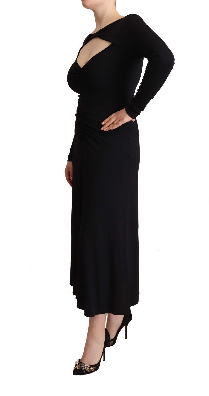 PINKO Black Nylon Stretch Long-Sleeve Maxi Dress with Deep V-Neck