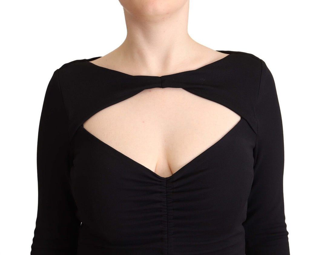 PINKO Black Nylon Stretch Long-Sleeve Maxi Dress with Deep V-Neck