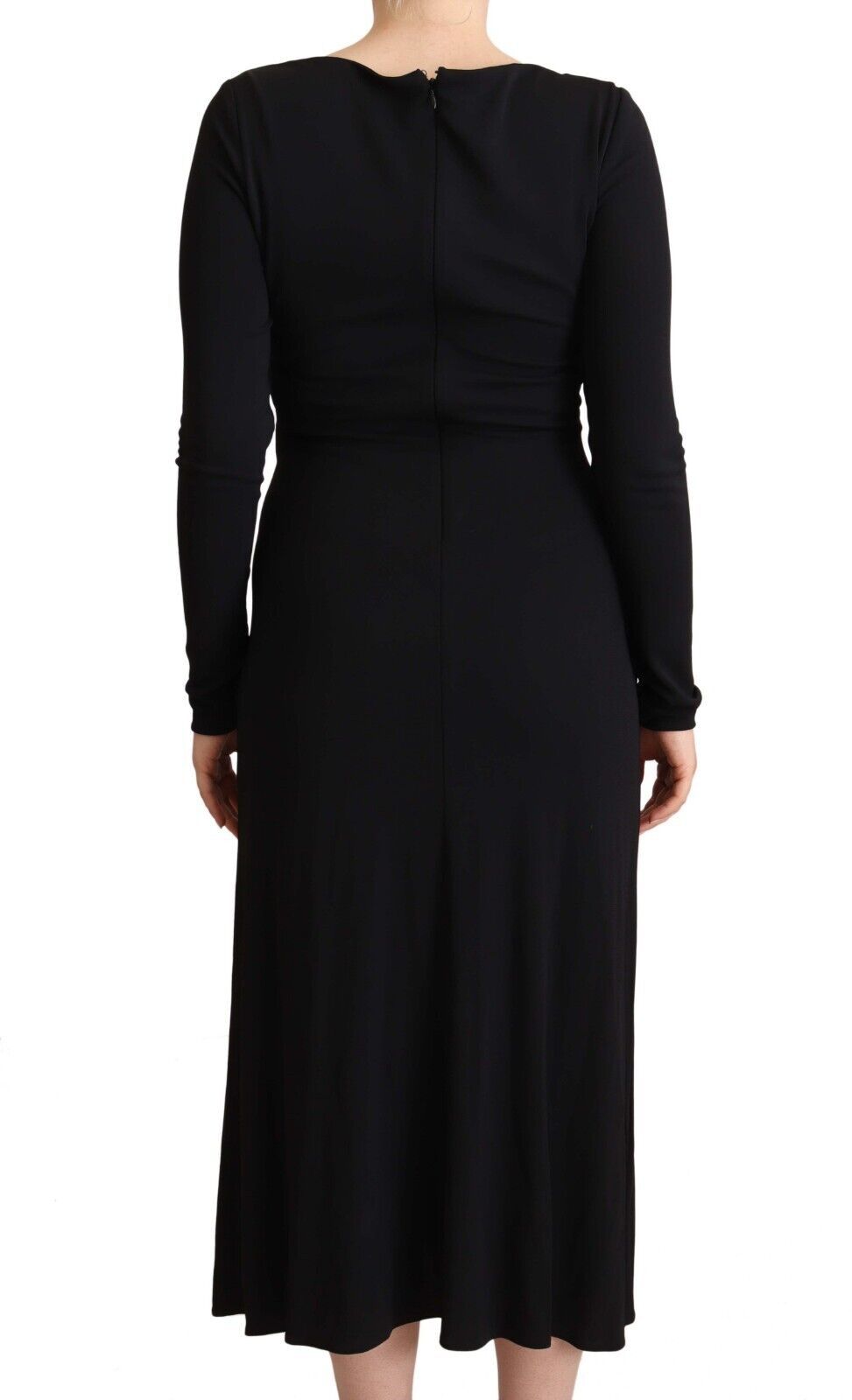 PINKO Black Nylon Stretch Long-Sleeve Maxi Dress with Deep V-Neck