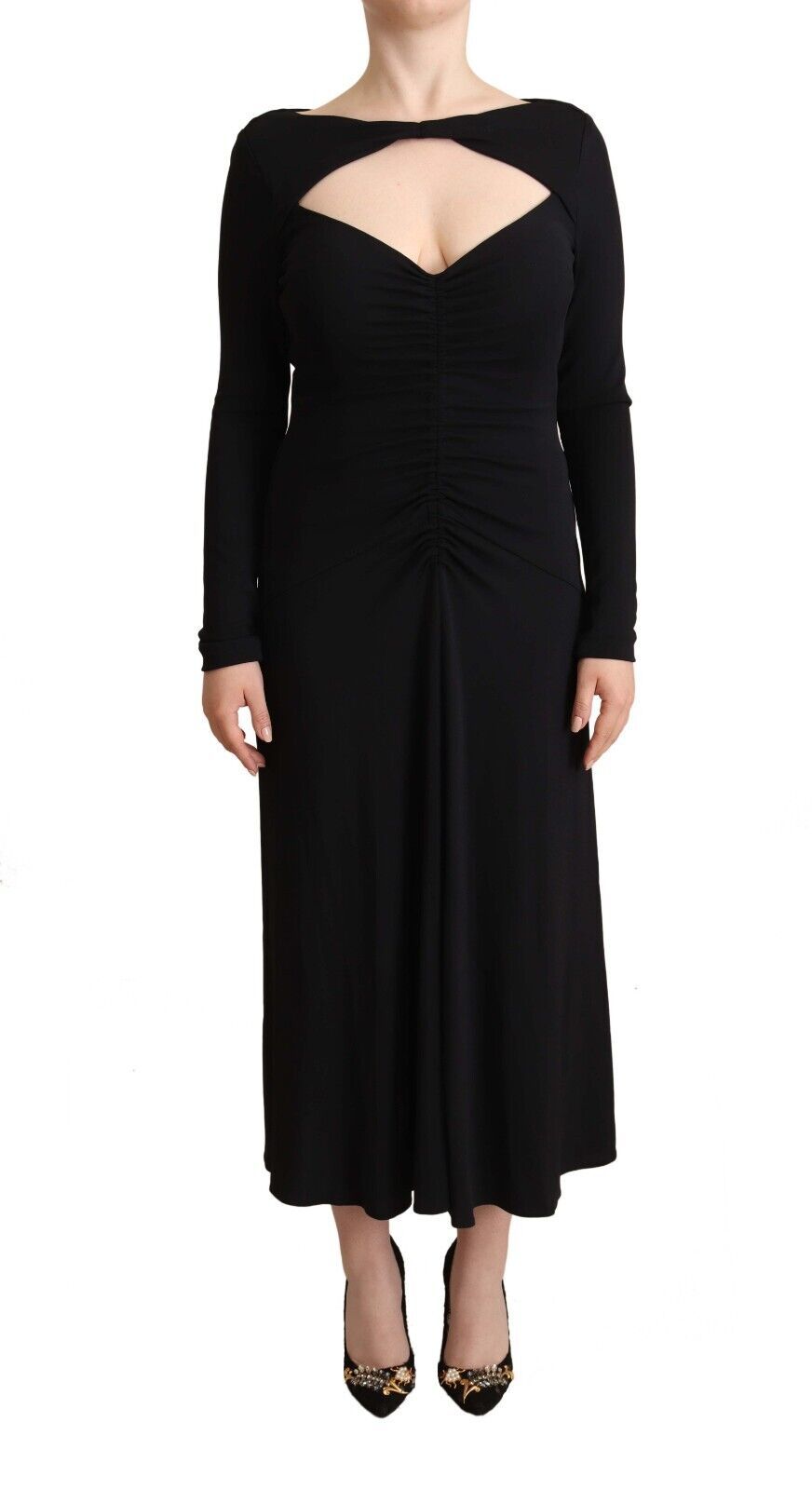 PINKO Black Nylon Stretch Long-Sleeve Maxi Dress with Deep V-Neck