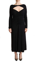 PINKO Black Nylon Stretch Long-Sleeve Maxi Dress with Deep V-Neck