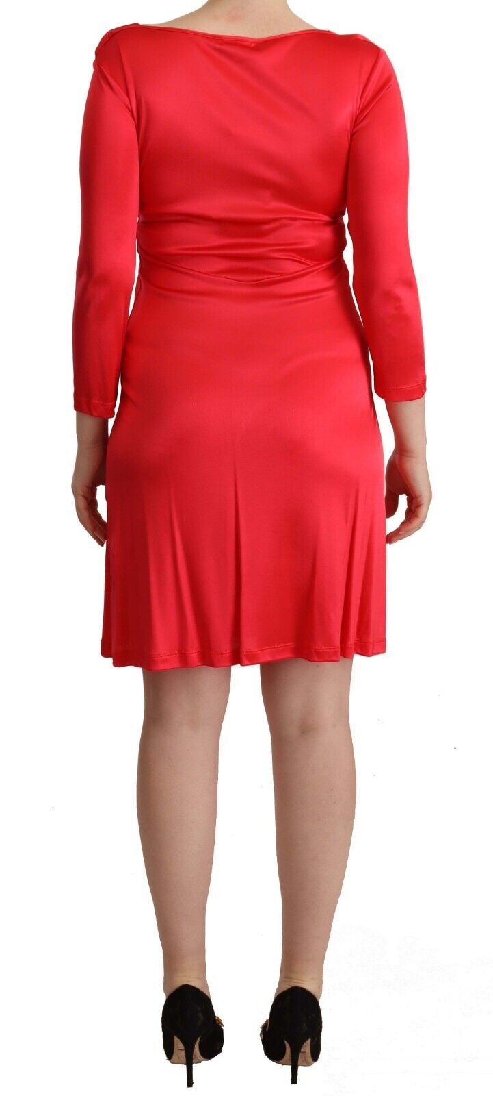 John Galliano Red Viscose 3/4 Sleeve Deep Round Neck Sheath Dress
