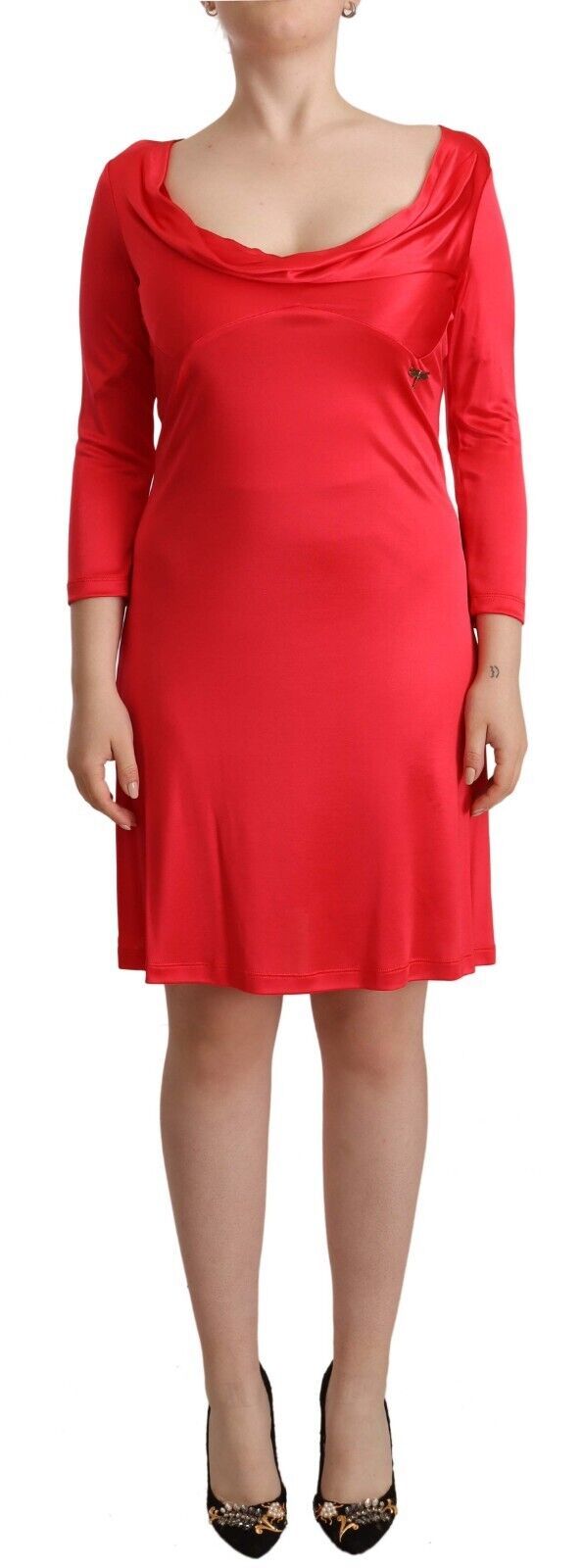 John Galliano Red Viscose 3/4 Sleeve Deep Round Neck Sheath Dress