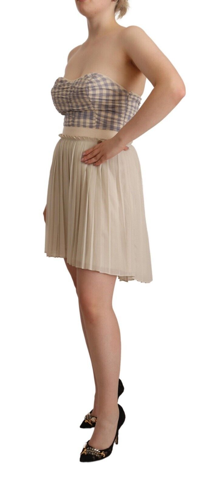 Guess Beige Plaid Pleated Strapless A-Line Bustier Dress