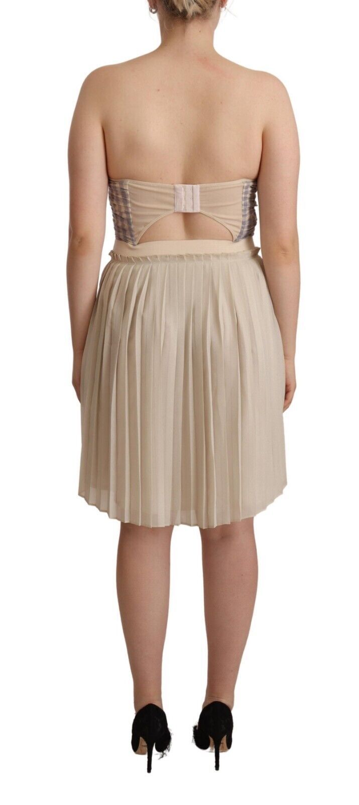 Guess Beige Plaid Pleated Strapless A-Line Bustier Dress