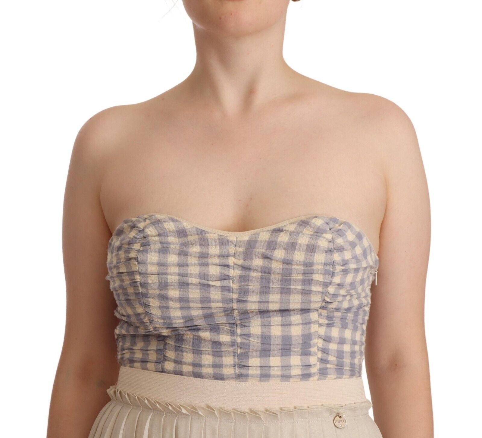 Guess Beige Plaid Pleated Strapless A-Line Bustier Dress