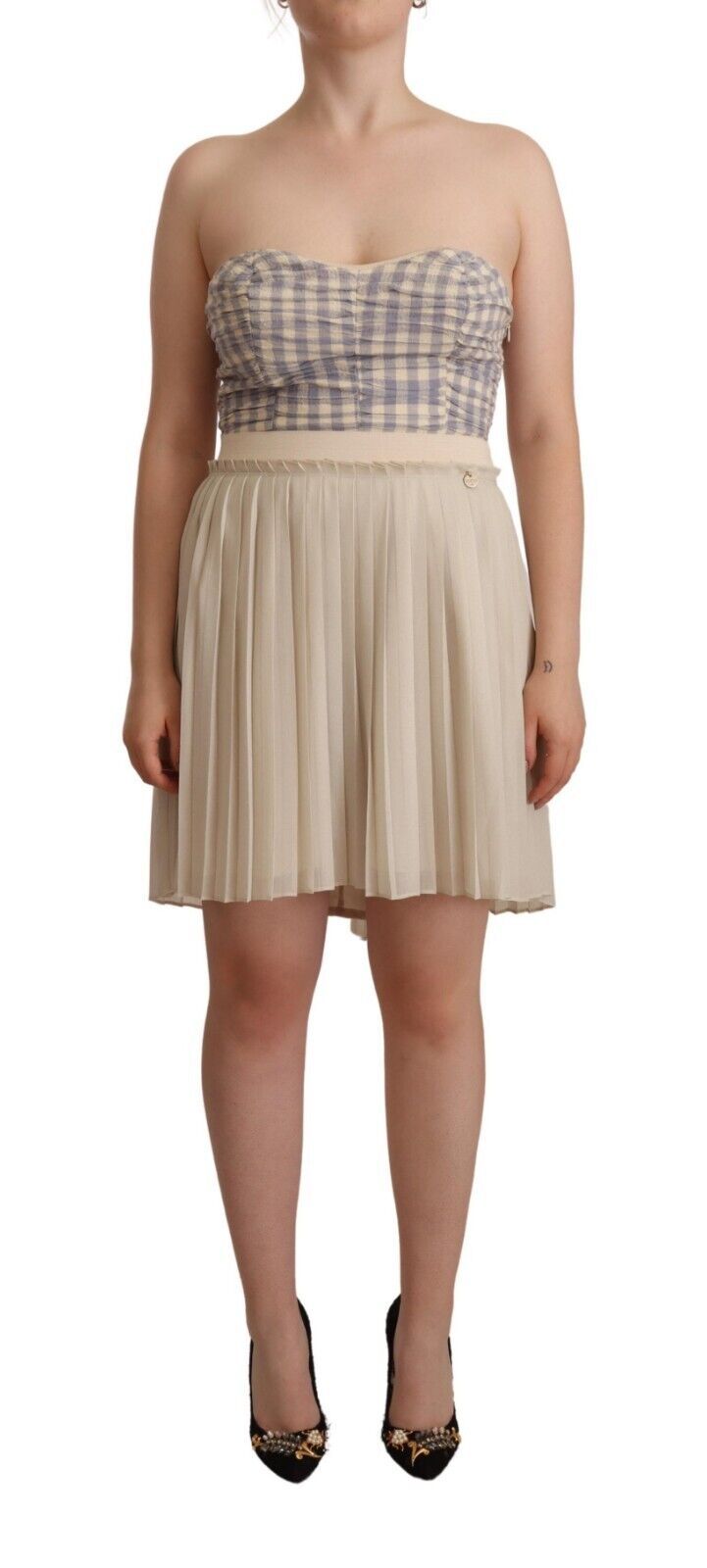 Guess Beige Plaid Pleated Strapless A-Line Bustier Dress