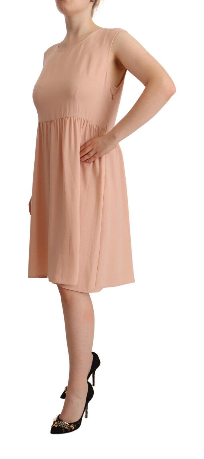 Twinset Beigefarbenes, ärmelloses, knielanges Shift-Kleid aus Polyester