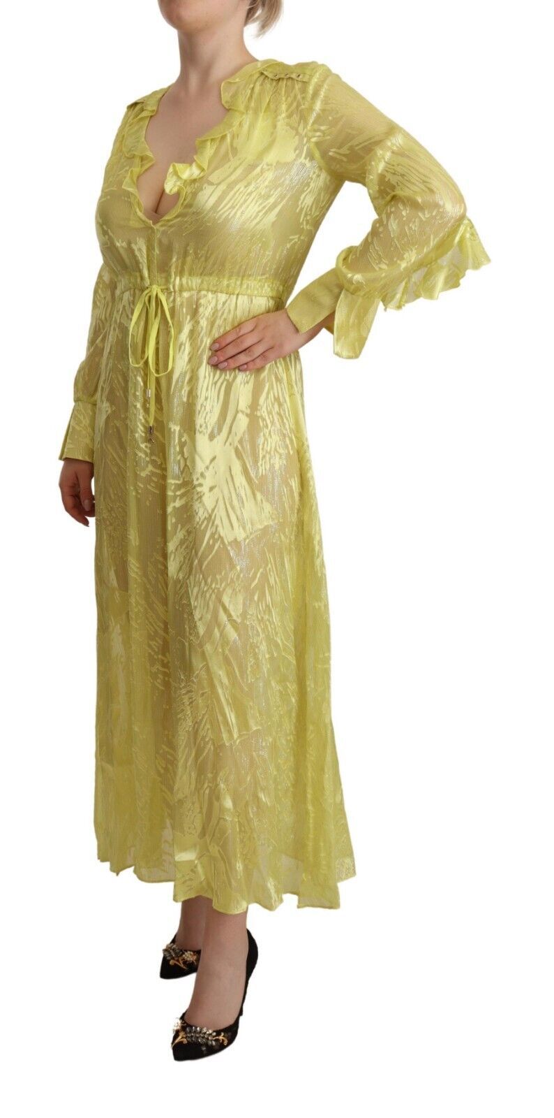 Patrizia Pepe Yellow Silk Dress with Long Sleeves and Deep Neckline