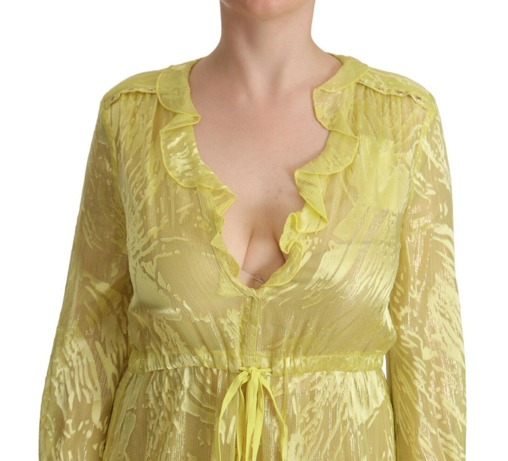 Patrizia Pepe Yellow Silk Dress with Long Sleeves and Deep Neckline