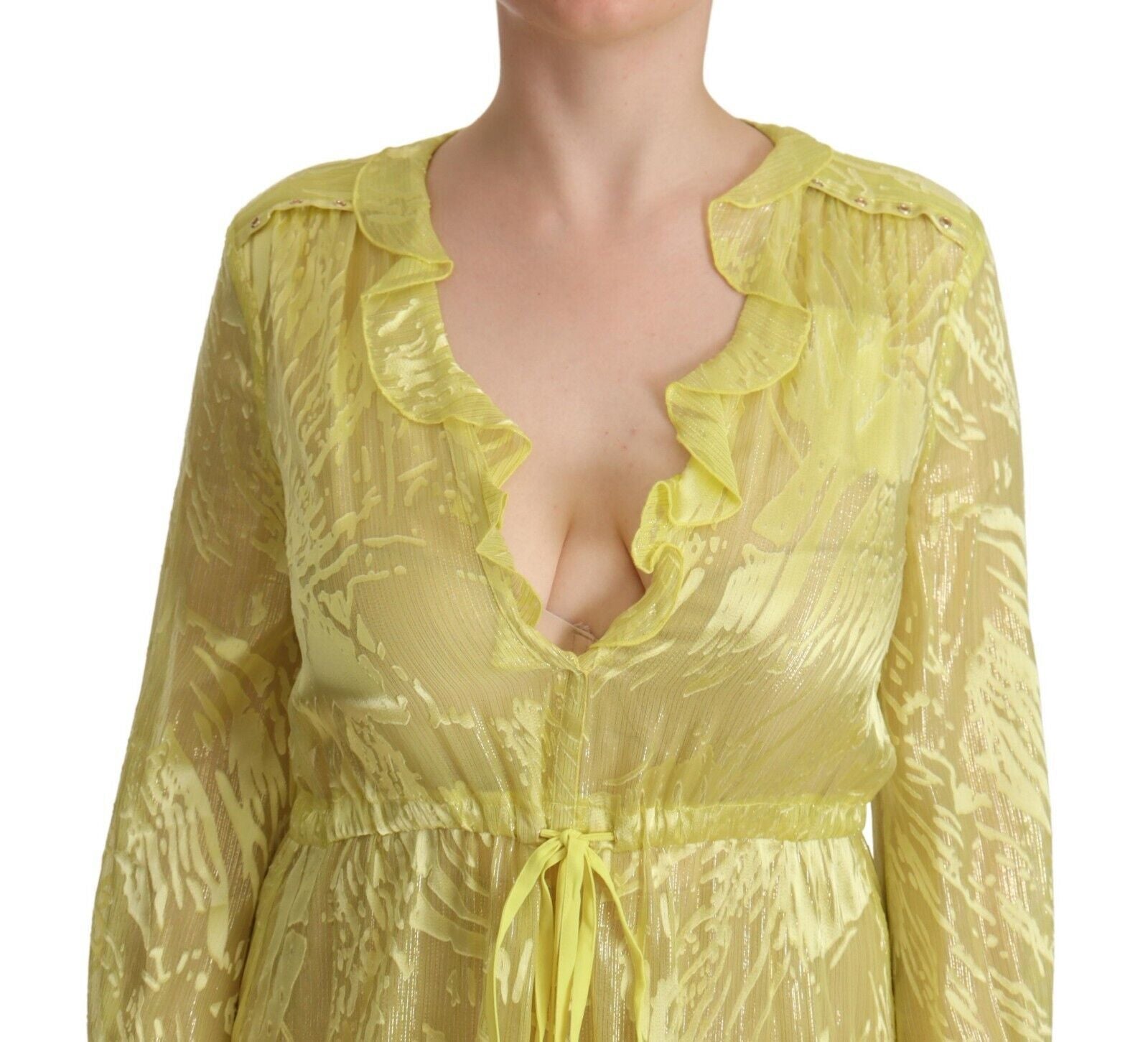 Patrizia Pepe Yellow Silk Dress with Long Sleeves and Deep Neckline
